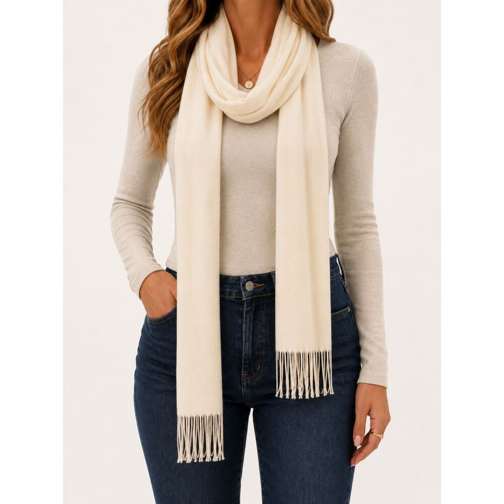 V Fraas Cashmink Long Skinny Scarf Off White Fringe NWT Made Germany Soft Wrap